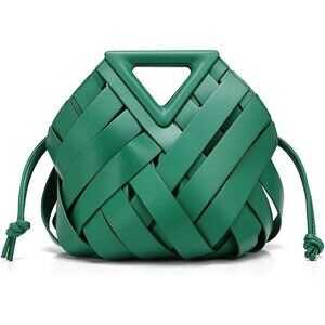 Women's Green Vegan Leather Woven Small Crossbody Top Handle Satchels Clutch Bag
